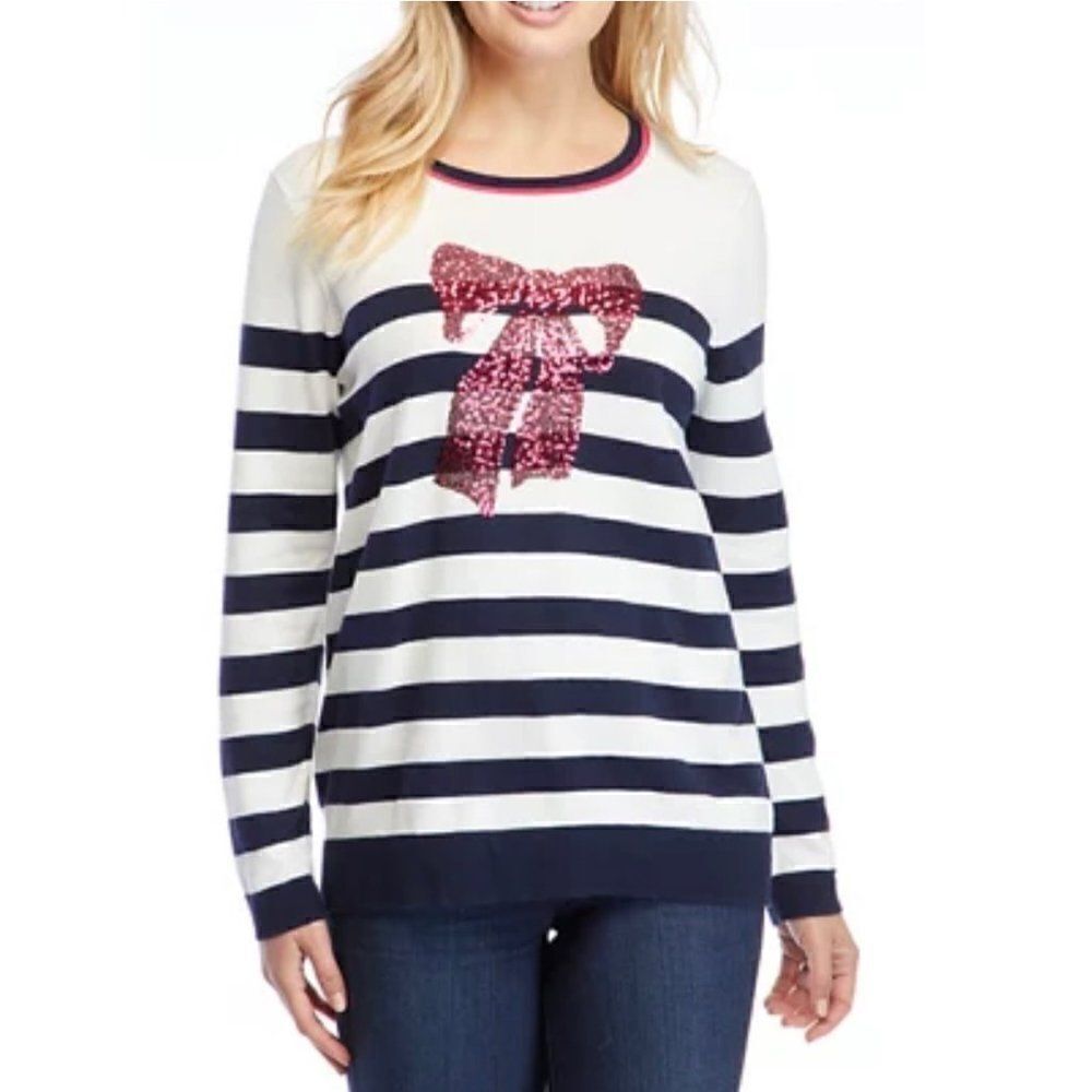 Kim Rogers Intarsia Stripe Crewneck Sweater Sequin Bow Graphic White Blue Large‎